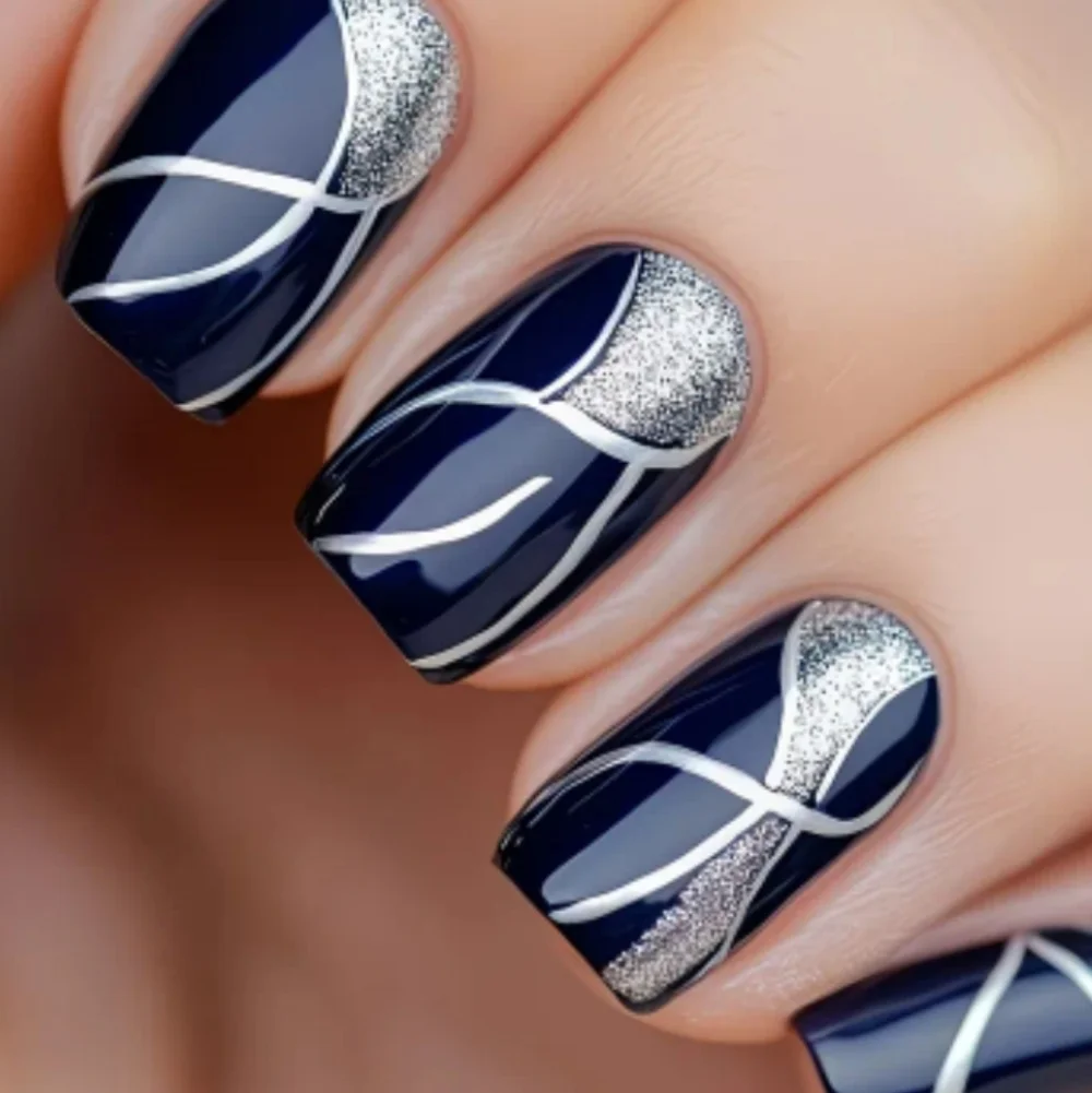 🔥3/$22 Navy and Silver Press On Nail Set